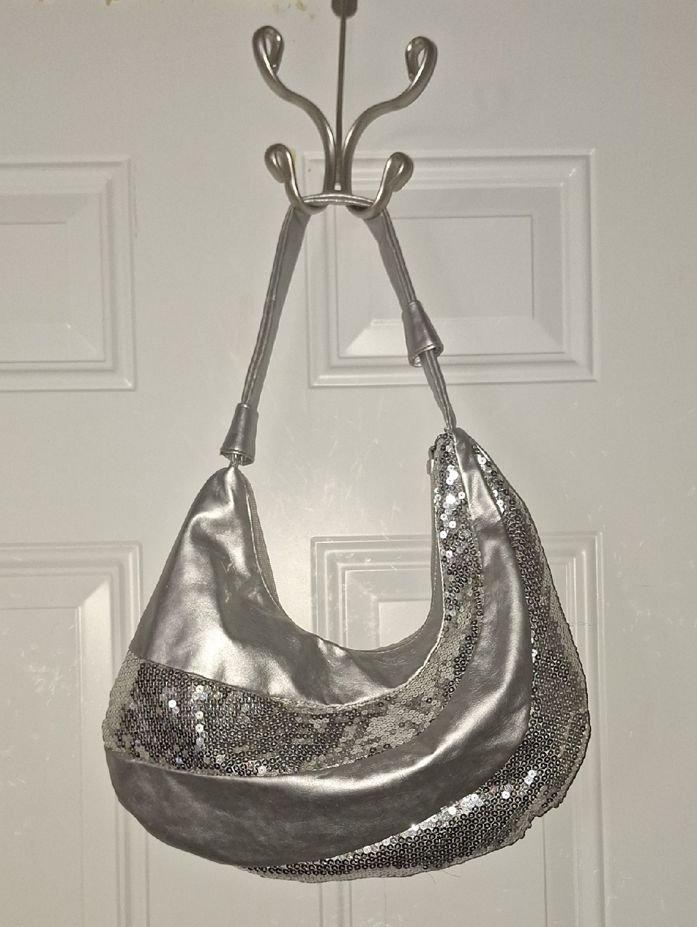 Silver Sequin Crescent Hobo Bag - Women's Shoulder Bag